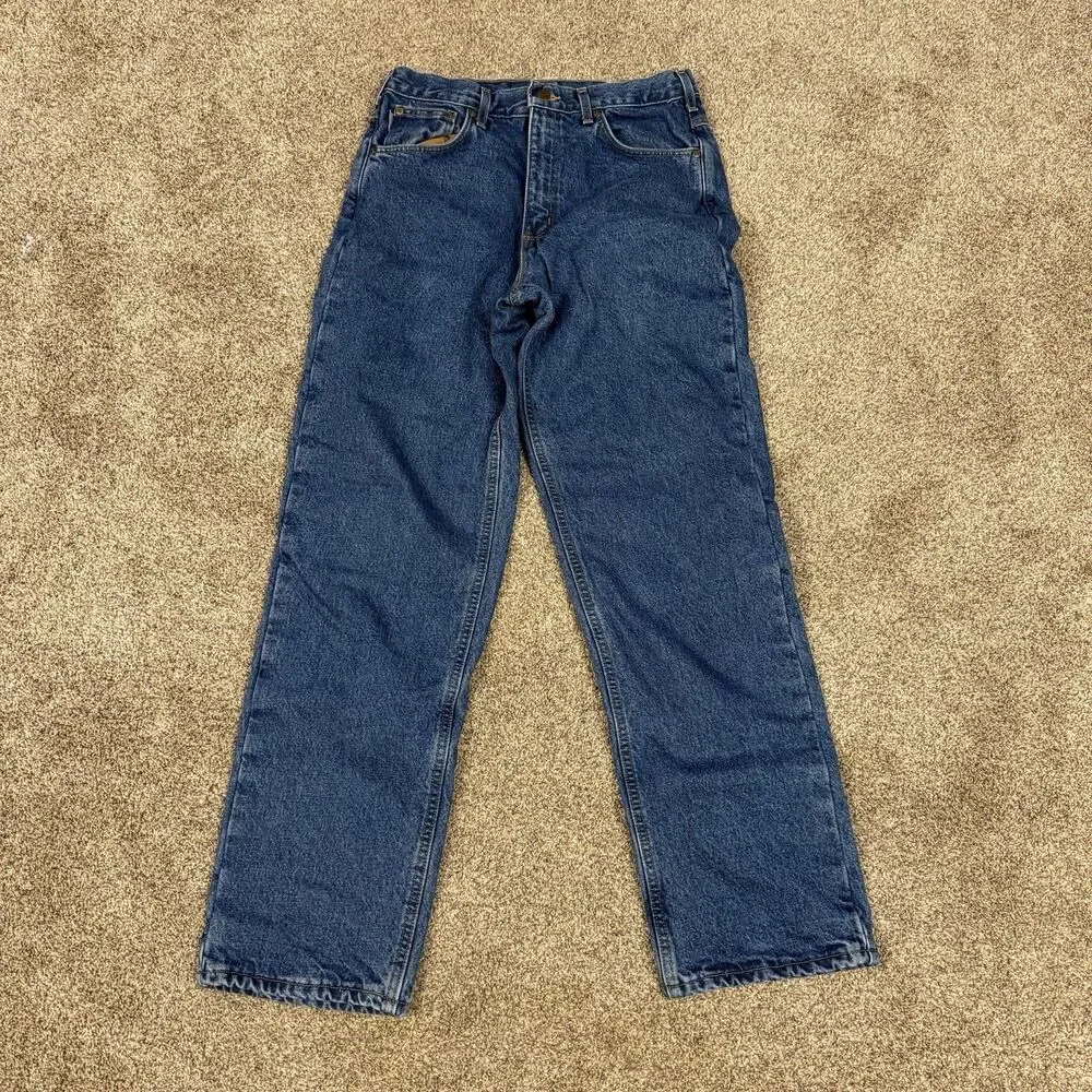 Carhartt Flannel Lined Jeans Mens 34x32 Blue Relaxed Fit Work Denim B172 DST EUC